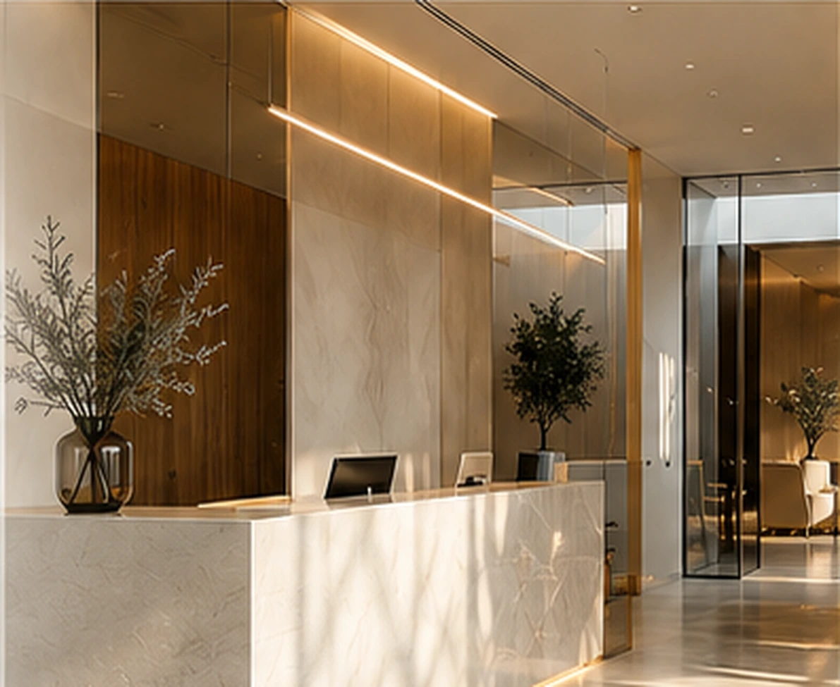 Imagem ilustrativa de uma recepção de clínica com arquitetura contemporânea